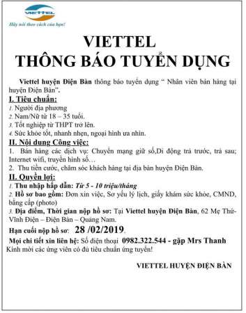 Viettel HUYỆN ĐIỆN BÀN CẦN TUYỂN NHÂN VIÊN tại Quảng Nam